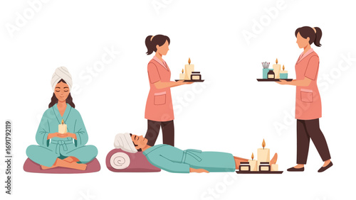 Young woman applying makeup to another woman s face with brushes and compact mirror professional beauty service illustration