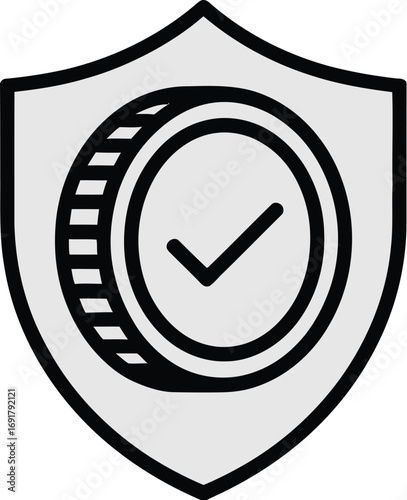A stylized shield containing a coin with a checkmark inside, outlined in black on a white background