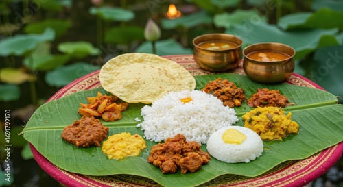 Fototapeta Naklejka Na Ścianę i Meble -  Traditional Onam sadhya served on banana leaf with rice and various curries, a lamp burning nearby in front of garden with lotus flowers for celebration of Kerala harvest festival.