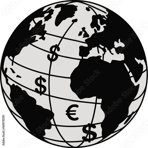 Illustration of a globe with continents outlined in black and currency symbols overlaid on the surface