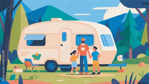 Illustration of Cozy Caravan Family Holiday Vector Design Template
