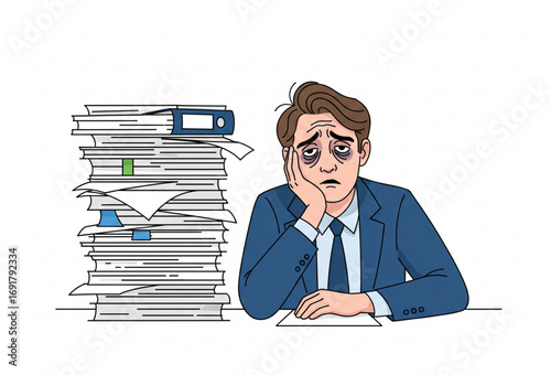 A vector illustration of an office worker exhausted and stressed, facing overwhelming tasks and a heavy workload