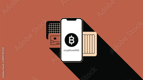A digital representation of a crypto wallet on a smartphone with a bitcoin logo and other digital cards