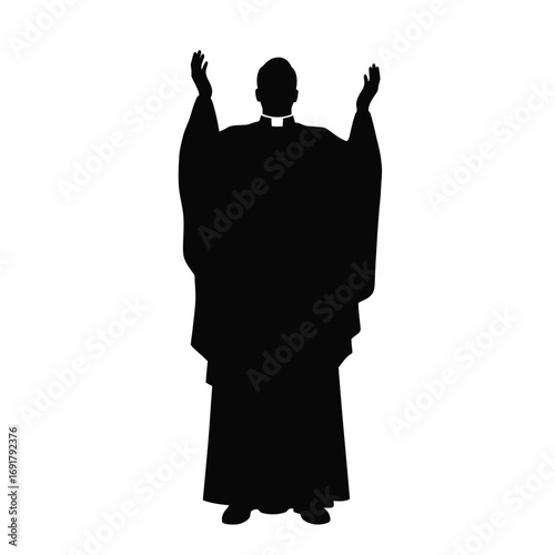 Black silhouette of priest with hands raised white