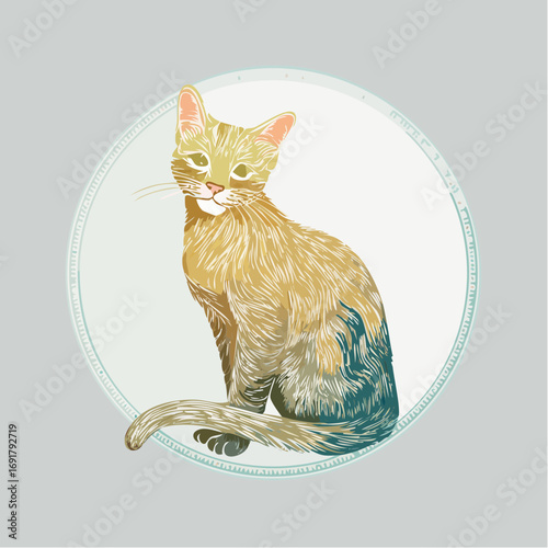 Captivating illustration of a sleek domestic cat, adorned with a unique gradient of earthy and cool tones, sitting elegantly within a hand-drawn circular frame