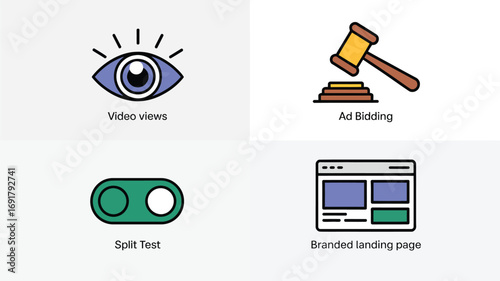 Illustration of video views, ad bidding, split test, and branded landing page on a white background