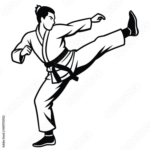 Black and White Illustration of a Martial Artist Executing a Roundhouse Kick martial arts karate