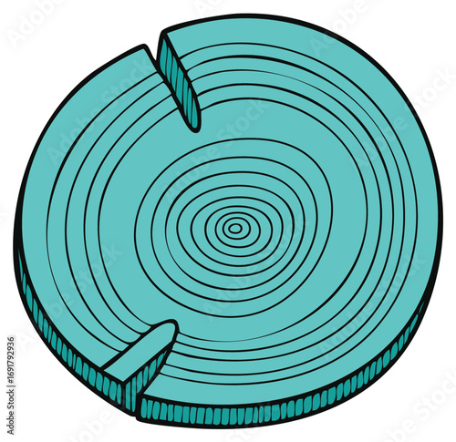 Illustration of a bright blue tree slice with annual growth rings and notches representing tree age in outline
