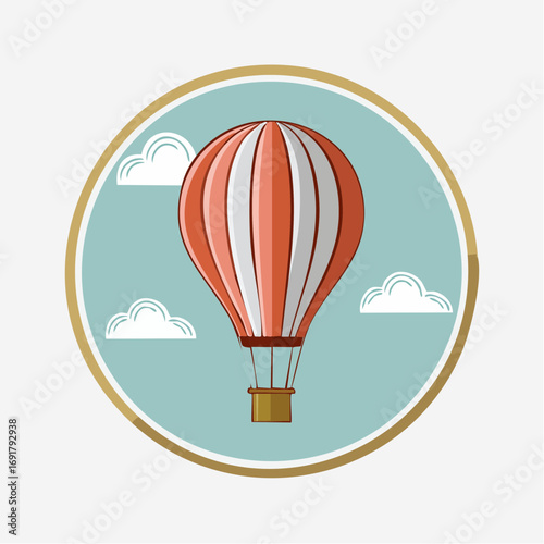 Hot Air Balloon Illustration Soaring High Among Clouds in a Circular Design