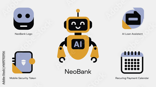 Neobank branding icons showcasing ai loan assistant, logo, mobile security token, and payment calendar