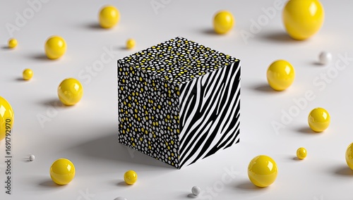 Geometric cube with zebra print and dots