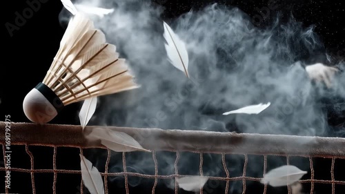 Shuttlecock in action: Capturing the high-speed action of badminton, a meticulously captured image showcases a shuttlecock in mid-flight. Feathers scatter in all directions, creating a dynamic visual.