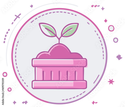 Potted Plant Sprout Icon in Circle Whimsical Design and Pastel Colors