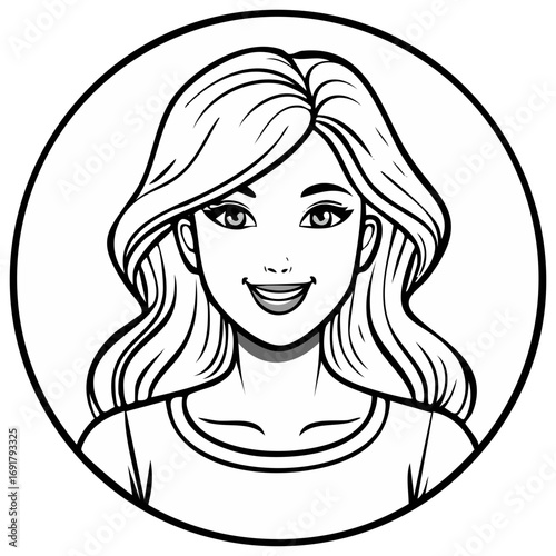 Smiling young woman portrait illustration in a circle frame monochrome