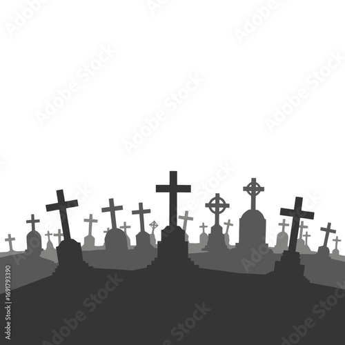 Silhouetted Cemetery Landscape with Crosses and Tombstones for Halloween Decoration and Memorial Day Backgrounds, Suitable for Graphic Design Projects