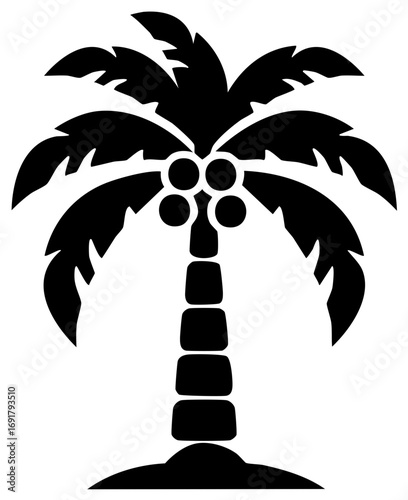 Black Silhouette of a Coconut Palm Tree with Coconuts and Fronds on a Mound