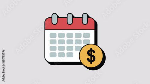 A calendar with a red top and gray squares and a gold coin with a dollar sign on a gray background