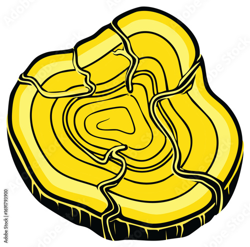 Illustration of a gold nugget with contour lines, yellow gradients, black outlines, and fractured edges on a white background
