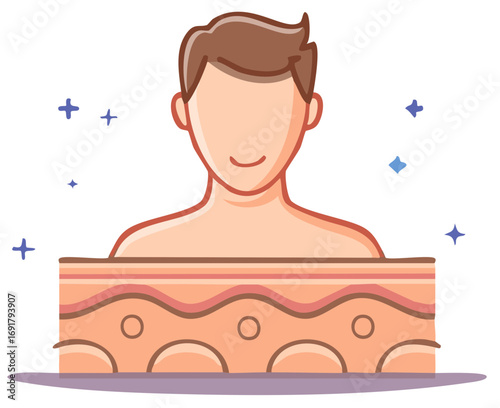 Skin layers diagram illustration with a smiling person, medical, skincare concept