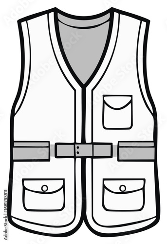 Illustration of a white utilitarian vest with multiple pockets and a cinched waist detail