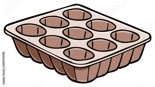 Empty brown egg carton or nine-compartment seedling tray cartoon illustration