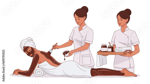 Relaxing spa scene with women receiving treatments including a milk bath massage and facial promoting wellness and beauty
