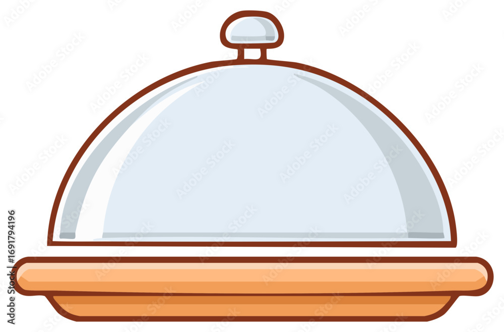 Fototapeta premium Restaurant serving tray with a silver cloche dome lid cartoon illustration