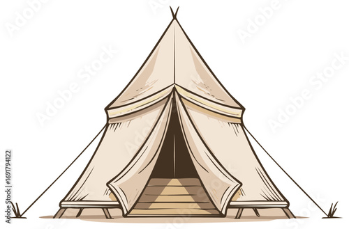 Vintage canvas camping tent with open flap, hand-drawn illustration for outdoor adventure