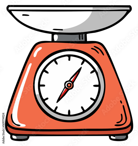 Illustration of a retro kitchen scale with a dial and red details