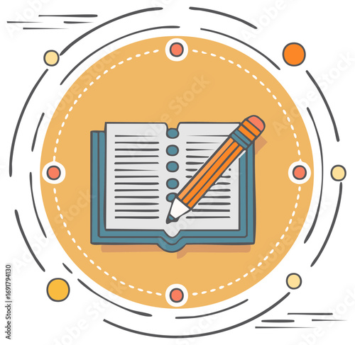 Notebook with a Pencil in a Doodle Style on a Circular Background