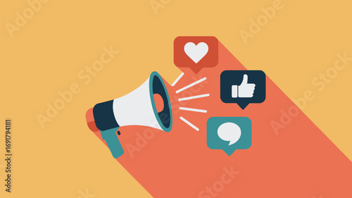 A graphic illustration of a megaphone with speech bubbles showing a heart, like, and comment icon