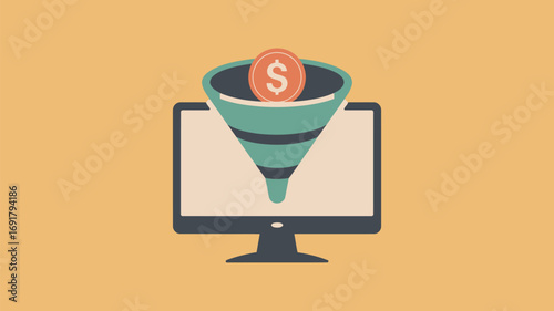 Illustration of a computer monitor with a funnel on the screen and a dollar coin entering the funnel