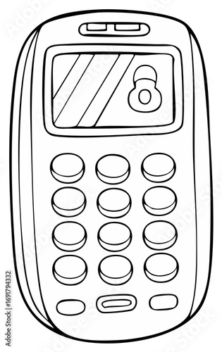 Simple line drawing of a classic mobile phone with a numerical keypad and screen showing the number 8.