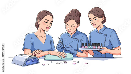 Three female scientists in lab coats examining skin and hair care products and a human head model with magnifying glasses and tools