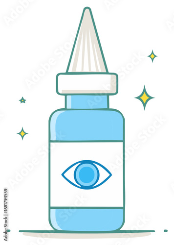 Sparkling cartoon eye drop bottle with an eye symbol for vision care