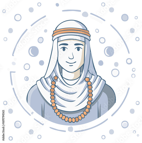 Smiling man in traditional Arab attire with prayer beads cultural illustration
