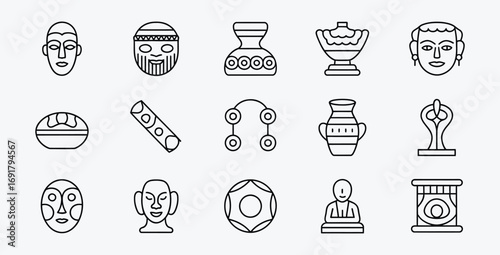Ancient Artifacts and Cultural Symbols Outlined in Black and White Style