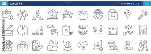 A set of line icons related to Salary. Income, profit, gain, passive, active, pension, invest, cheque, job, banking, and so on. Vector editable stroke.
