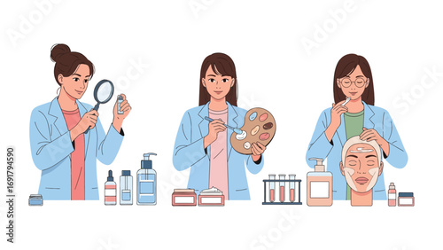 Aesthetician applying facial cupping therapy to a client s face while another aesthetician holds a tray of beauty products and tools