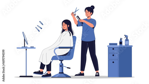 Three professional women in blue uniforms learning and practicing nail art techniques with polish bottles and uv lamp in a salon setting