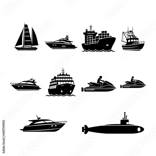 Collection of various watercraft including sailboats yachts cargo ships jet skis and a submarine in black