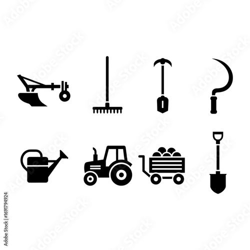 Collection of farming equipment icons featuring a plow, rake, hoe, sickle, watering can and more tools