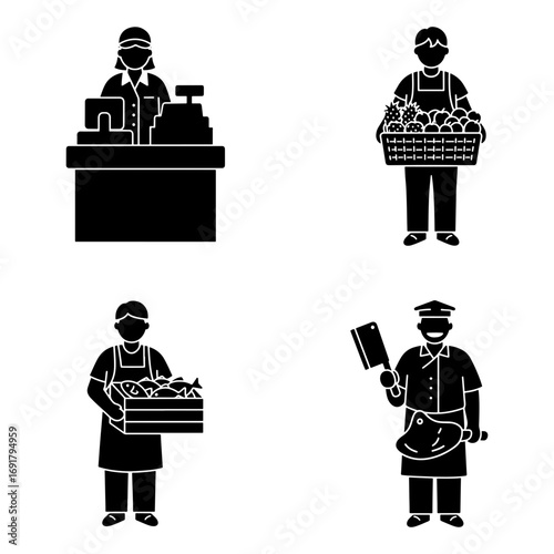 Four shop workers in silhouette including a cashier, greengrocer, fishmonger and butcher shown