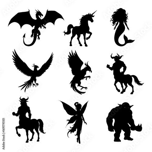 Silhouette illustration showing a dragon unicorn mermaid phoenix griffin centaur fairy and troll