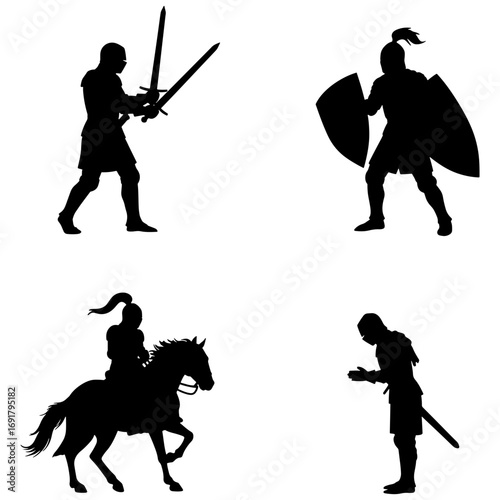 Silhouettes of knights in various poses including fighting riding a horse and bowing on a white background