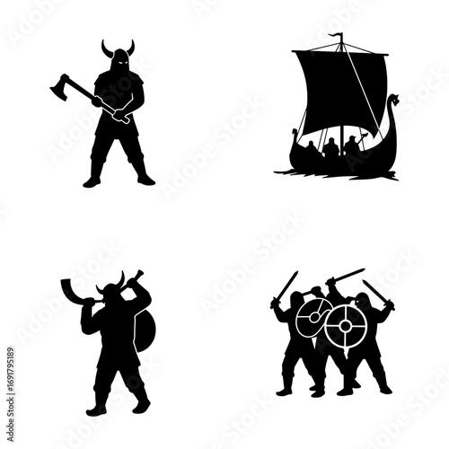 Four viking themed illustrations including a warrior with axe a ship a horn blower and fighters with swords