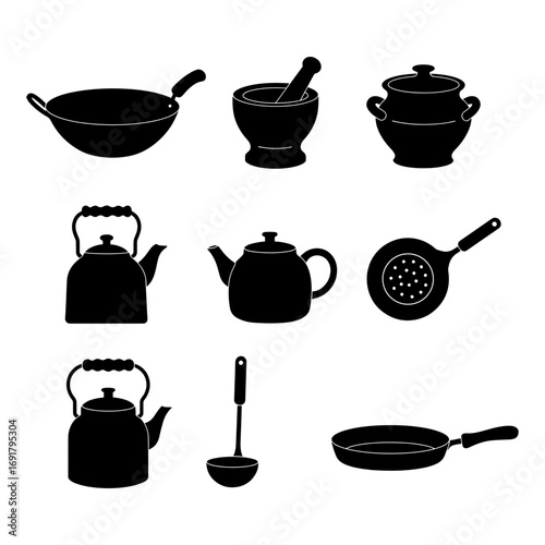 Silhouette illustration of various kitchen utensils including pots pans and kettles in a simple arrangement