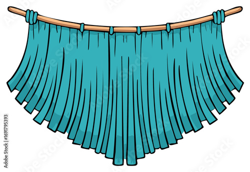 Draped turquoise fabric banner with a fringed bottom hanging on a curved wooden rod illustration