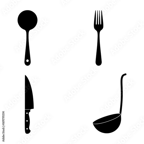 Illustration of kitchen utensils including a spoon fork knife and ladle in a simple black and white style