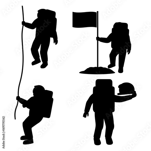 Silhouettes of astronauts in various poses including climbing and planting a flag on a surface illustration